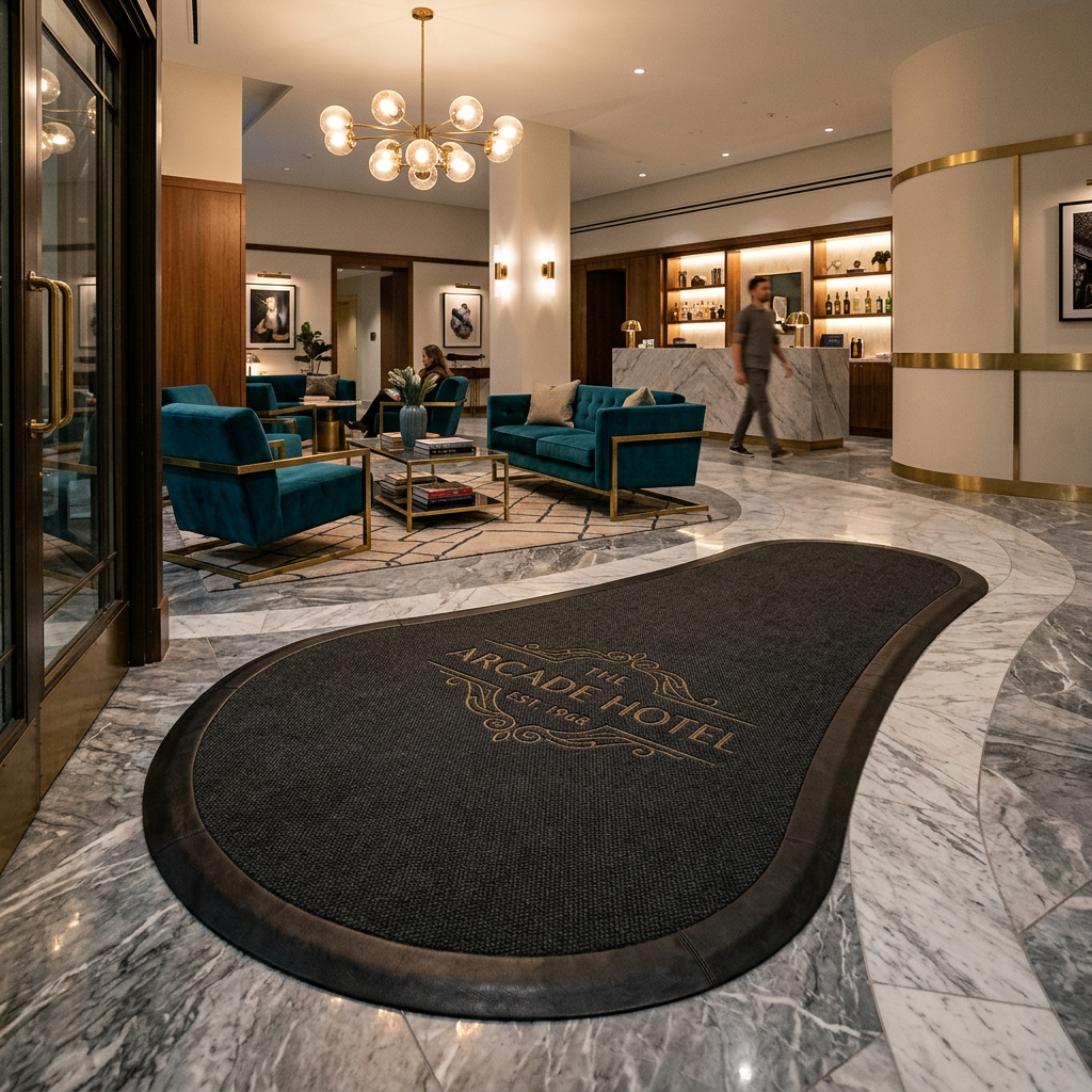 Custom shaped entrance mat in an elegant hotel lobby