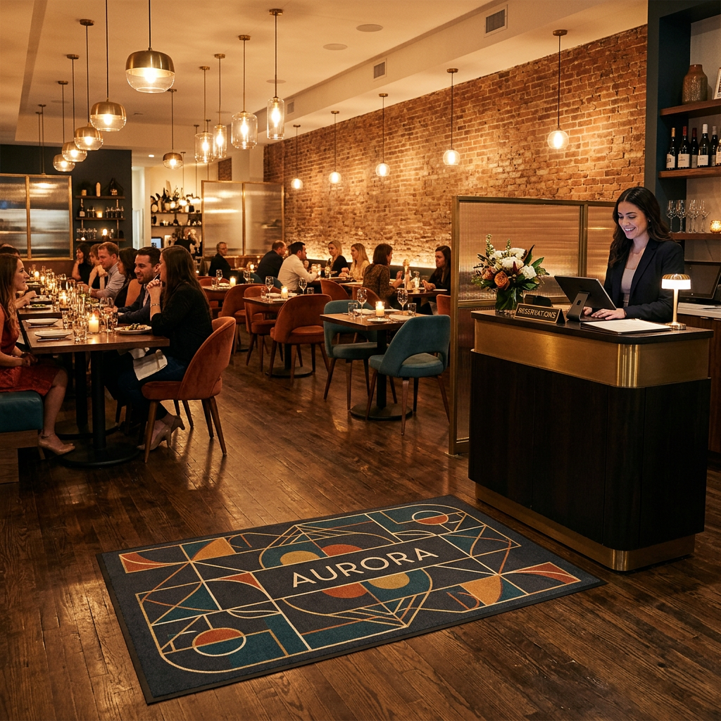 Custom printed floor mat in an upscale restaurant interior
